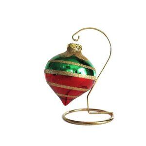 Mercury Glass Teardrop Ornament Red Green Gold Horizontal Gold Stripes